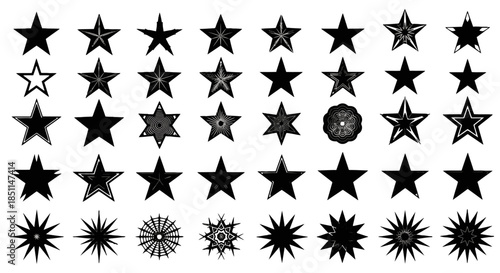A comprehensive collection of various black and white star shapes, including solid, outlined, and intricate geometric starburst designs, arranged in multiple rows.