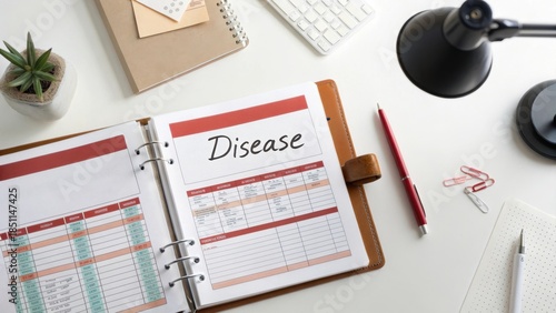 Open disease patient file on a desk with a red pen