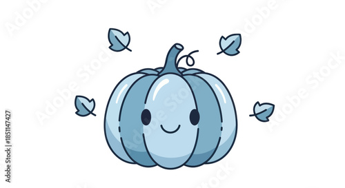 Cartoon pumpkin illustration with smiling face and floating leaves