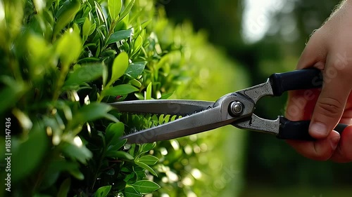 Pruning green hedge with hand shears in bright sunlight