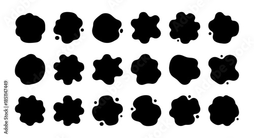Collection of various black ink blot shapes and abstract liquid splatters on a white background, perfect for design elements and graphic resources.