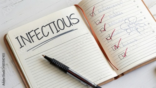 Notebook open displaying the bold word Infectious with checklist