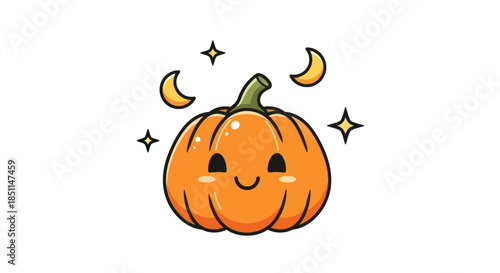 Cartoon pumpkin illustration with stars and moons on white background