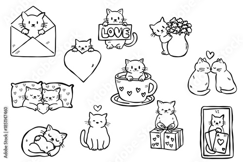 Hand drawn Meowy Love collection with cute funny Lovely cats for Valentine's Day
