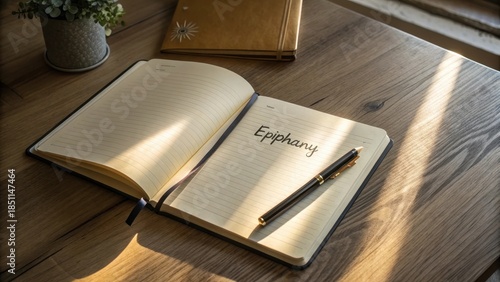 Open Notebook with Epiphany Written and Pen on Wooden Table