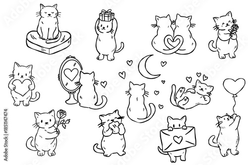Vector illustration card with cute cartoon little Valentine cats in love and funny greeting