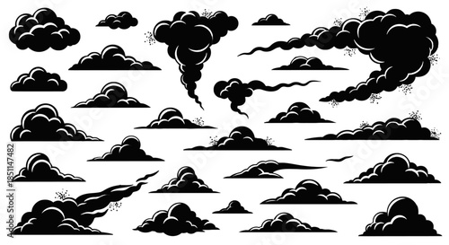 Comprehensive collection of stylized black smoke and dark cloud shapes, ideal for depicting pollution, explosions, and dramatic atmospheric design elements for graphic projects