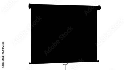 Black projector screen hanging from a white background.