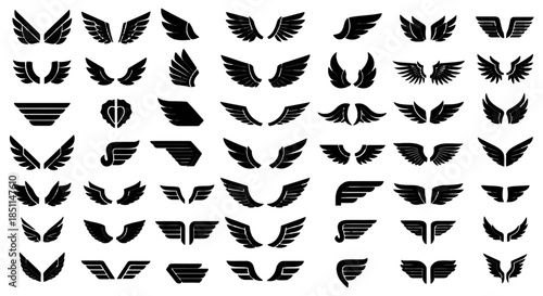 A comprehensive collection of various black silhouette wing icons and emblems, showcasing diverse designs for graphic resources.