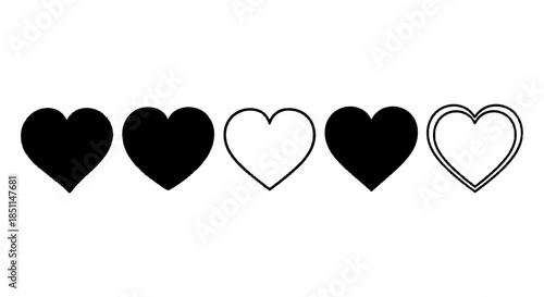 Collection of Five Heart Symbols, Some Filled and Some Outlined, Representing Love, Affection, and Relationships in a Simple Graphic Design