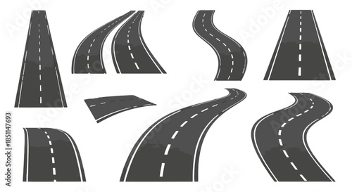 Set of various cartoon asphalt road segments with different curves and perspectives on a white background.