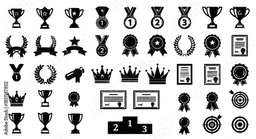 A comprehensive collection of black and white vector icons representing various awards, trophies, medals, certificates, and symbols of achievement and success.