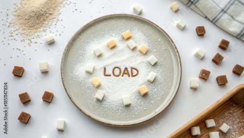Sugar cubes on a plate arranged with the word LOAD