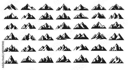 A collection of black and white stylized mountain peak silhouettes and icons, representing various natural landscapes and outdoor adventure themes.