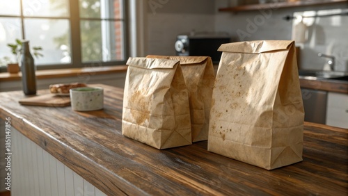 Three brown paper food bags with grease marks on wooden counter