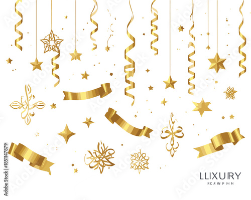 Luxury Golden Celebration Elements Featuring Hanging Stars Spiral Streamers Ribbons and Confetti for New Year Party Birthday and Elegant Event Decor.