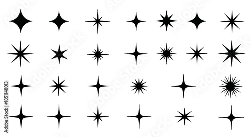 A collection of various black sparkle and star shapes, graphic elements for design projects and visual effects.