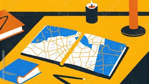 Weathered Map Displayed on a Dusty Desk with Candle and Pencil