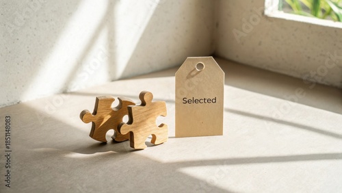 Wooden Puzzle Pieces Beside a Tag Labeled Selected