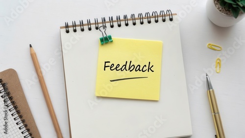 Yellow sticky note with feedback written on a white notebook