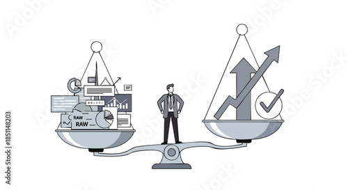 Balancing complex business tasks and data analysis against positive growth and successful outcomes on a scale.