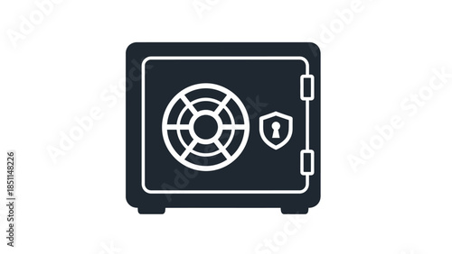 Black safe with a lock and shield symbol on a white background.