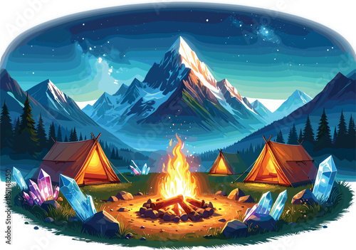 Mystical Night Camping Illustration with Glowing Bonfire Tents Large Magic Crystals and Starry Milky Way Over Snowy Mountain Peaks.