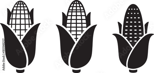 Corn on the Cob Vegetable Silhouette Set Featuring Various Detailed Styles of Maize with Husks for Agricultural and Food Industry Design