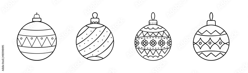 Obraz premium A collection of four christmas bauble ornaments illustrated in black and white line art style
