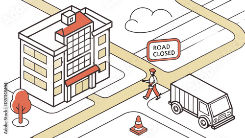Urban Construction Site and Road Closure with Truck , Logistics Dispatch, Isometric city map, AI routing trucks, human dispatcher dragging a truck to a new route due to Road Closed sign, vector, 