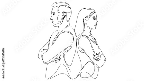 A black and white vector outline of two individuals with a closed pose, representing stubbornness, anger, or an argument. 