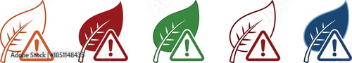 Colorful Environmental Warning Leaf Icon Set with Caution Triangle for Pesticide Awareness Chemical Pollution and Botanical Protection Concepts