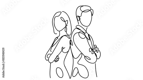 A minimalist, continuous line illustration of a man and a woman standing back to back with their arms crossed, often symbolizing conflict or disagreement.