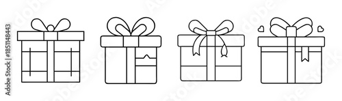 Four minimalist black line art illustrations of gift boxes with bows