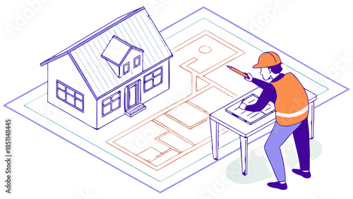 Isometric building blueprint rising from desk, architect sketching adjustments on the holographic projection, vector, Architect Reviewing House Blueprints and Floor Plan Isometric Illustration