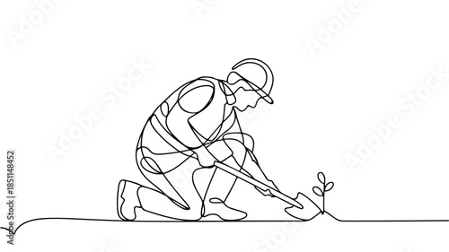 A minimalist continuous line drawing of a person wearing a hard hat and using a shovel to plant a small seedling in the ground, emphasizing the concept of growth or construction.