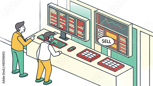 Stock Trading Floor: Isometric screens with stock tickers, AI algo trading, human trader looking shocked and hitting "Sell," vector, Isometric stock traders monitoring financial market charts on large