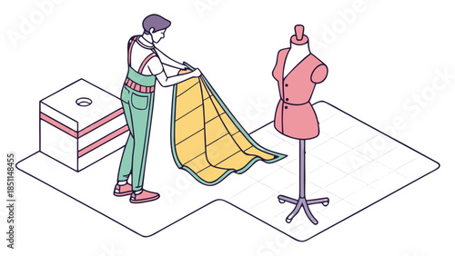 Fashion Design Assist, Isometric mannequin, AI projecting a pattern, human tailor pinning fabric to match, Tailor holds Fabric near Mannequin in Workshop Isometric Illustration