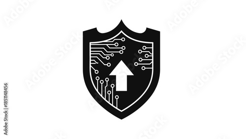 Black shield with circuit board and arrow pointing up for security.