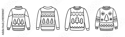 Black and white line art collection of christmas sweaters for holiday season