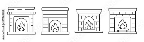 Fireplace icons set in line art style for home interior and decor