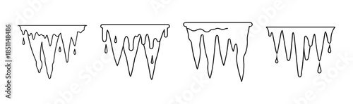 A collection of four black and white line art drawings representing different shapes of melting icicles