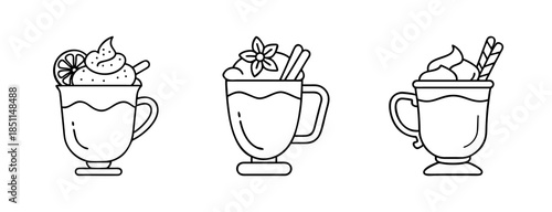 Three icons of cozy hot beverages with whipped cream and different garnishes in outline style