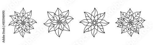 Four black and white line art poinsettia illustrations for christmas holiday design