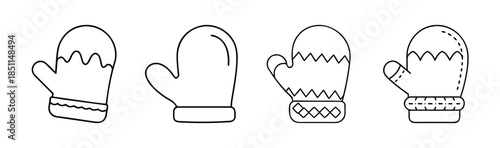 A collection of four different black and white outline icons representing winter mittens