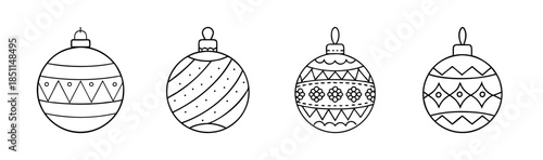 A collection of four christmas bauble ornaments illustrated in black and white line art style