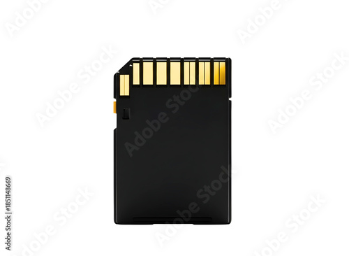 Black sd card with gold connectors on top isolated on transparent background