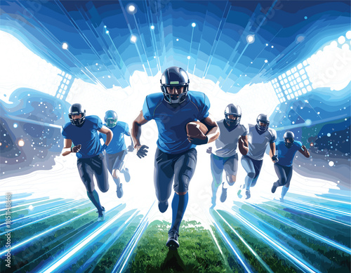 Professional American Football Team Charging Forward in a Brightly Lit Stadium Featuring Action Sprinting and Sports Championship Game Energy.