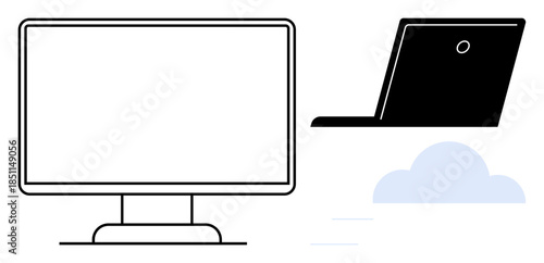 Cloud computing, digital storage, remote work, technology solutions, data sharing, internet services. Features a computer monitor, laptop and a cloud graphic. Cloud computing and digital storage