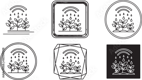 Smart Farming Irrigation System Icon Set Featuring Plant Growth with Automated Water Spraying and Wireless Sensor Technology for High Tech Agriculture